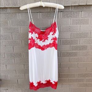Natori White Chemise Slip with Red Lace Accents- L
